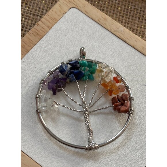 Tree Of Life Wire-Wrapped Pendant With Chakra Healing Gemstones - Picture 5 of 7